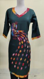 Handmade Deep green Cotton Kurti for Women — Ethnic Cotton Kurti with Peacock Design