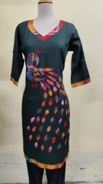 Handmade Deep green Cotton Kurti for Women — Ethnic Cotton Kurti with Peacock Design - Image 2