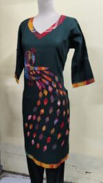 Handmade Deep green Cotton Kurti for Women — Ethnic Cotton Kurti with Peacock Design - Image 3