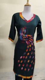 Handmade Deep green Cotton Kurti for Women — Ethnic Cotton Kurti with Peacock Design - Image 4