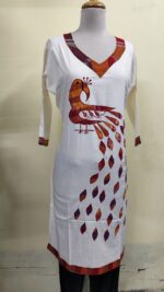Handmade White Cotton Kurti for Women — Ethnic Cotton Kurti with Peacock Design - Image 3
