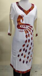 Handmade White Cotton Kurti for Women — Ethnic Cotton Kurti with Peacock Design - Image 2