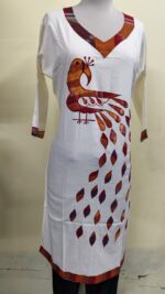 Handmade White Cotton Kurti for Women — Ethnic Cotton Kurti with Peacock Design - Image 2