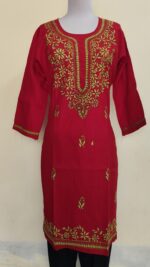 Handcrafted Red Cotton Kantha Stitch Long Kurti for ladies - Image 2