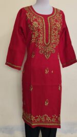 Handcrafted Red Cotton Kantha Stitch Long Kurti for ladies