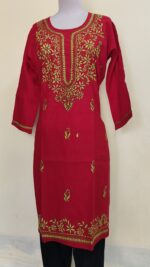 Handcrafted Red Cotton Kantha Stitch Long Kurti for ladies - Image 3