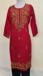 Handcrafted Red Cotton Kantha Stitch Long Kurti for ladies - Image 3