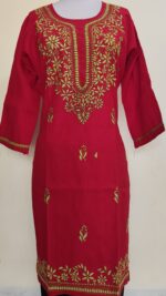 Handcrafted Red Cotton Kantha Stitch Long Kurti for ladies - Image 4
