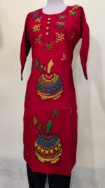 Handcrafted Cotton Kantha Red Stitch Long Kurti for ladies - Image 2
