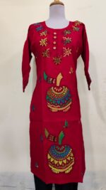 Handcrafted Cotton Kantha Red Stitch Long Kurti for ladies