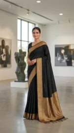 Elegant Black Muga Silk Saree with Golden Border & Intricate Embroidery