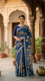 Elegant Blue Bapta Silk Saree with Silver Border & Multicolor Floral Motifs - Image 4