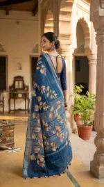 Elegant Blue Bapta Silk Saree with Silver Border & Multicolor Floral Motifs - Image 3