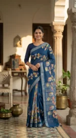 Elegant Blue Bapta Silk Saree with Silver Border & Multicolor Floral Motifs