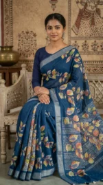Elegant Blue Bapta Silk Saree with Silver Border & Multicolor Floral Motifs - Image 2