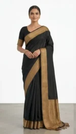 Elegant Black Muga Silk Saree with Golden Border & Intricate Embroidery - Image 5