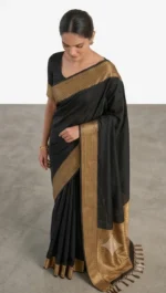 Elegant Black Muga Silk Saree with Golden Border & Intricate Embroidery - Image 2