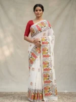 Handcrafted White Cotton Saree with Traditional Printed Motifs
