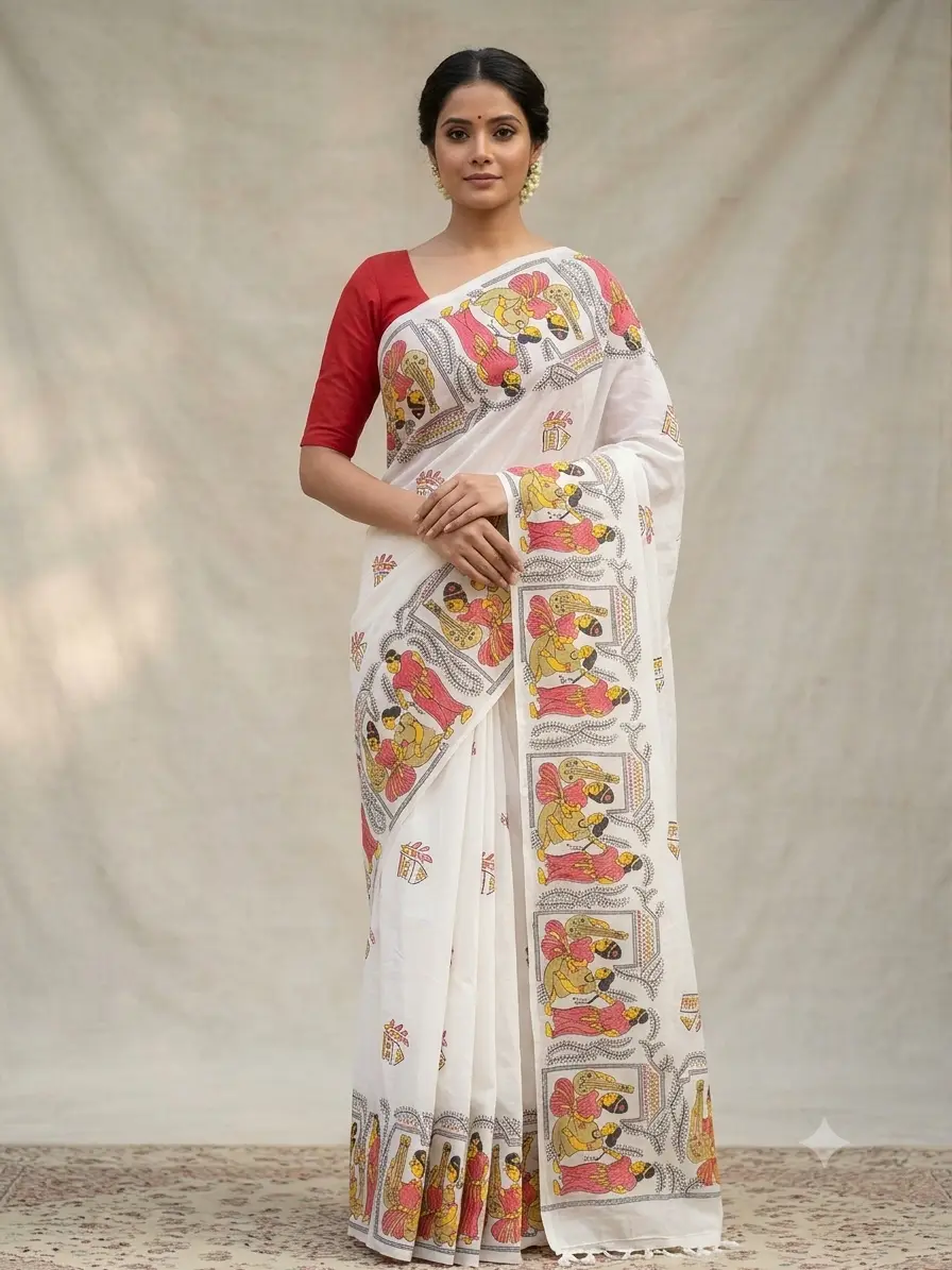 1000034043.webp Handcrafted White Cotton Saree with Traditional Printed Motifs - Image 1