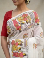 Handcrafted White Cotton Saree with Traditional Printed Motifs - Image 2