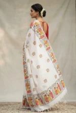 Handcrafted White Cotton Saree with Traditional Printed Motifs - Image 4