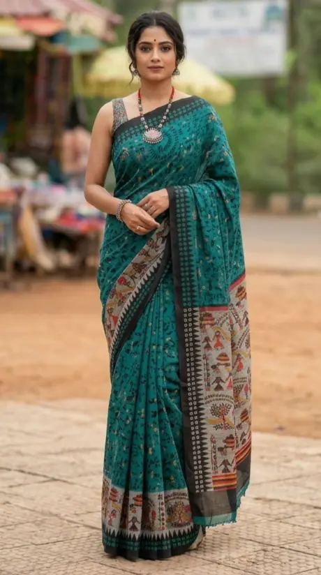 1000034127.webp Handcrafted Soft Cotton Saree with Madhubani Artwork - Image 1