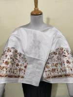 Silk Kantha Blouse Material – Tribal & Floral Hand Embroidery White - Image 5