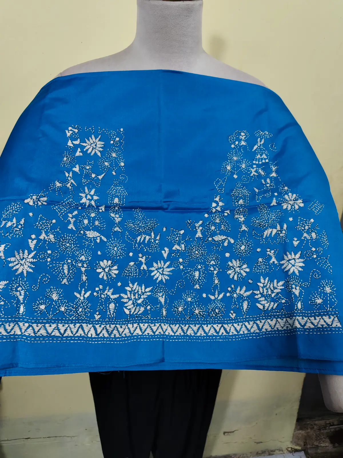 1000904926.webp Silk Kantha Blouse Material – Tribal & Floral Hand Embroidery Blue - Image 1