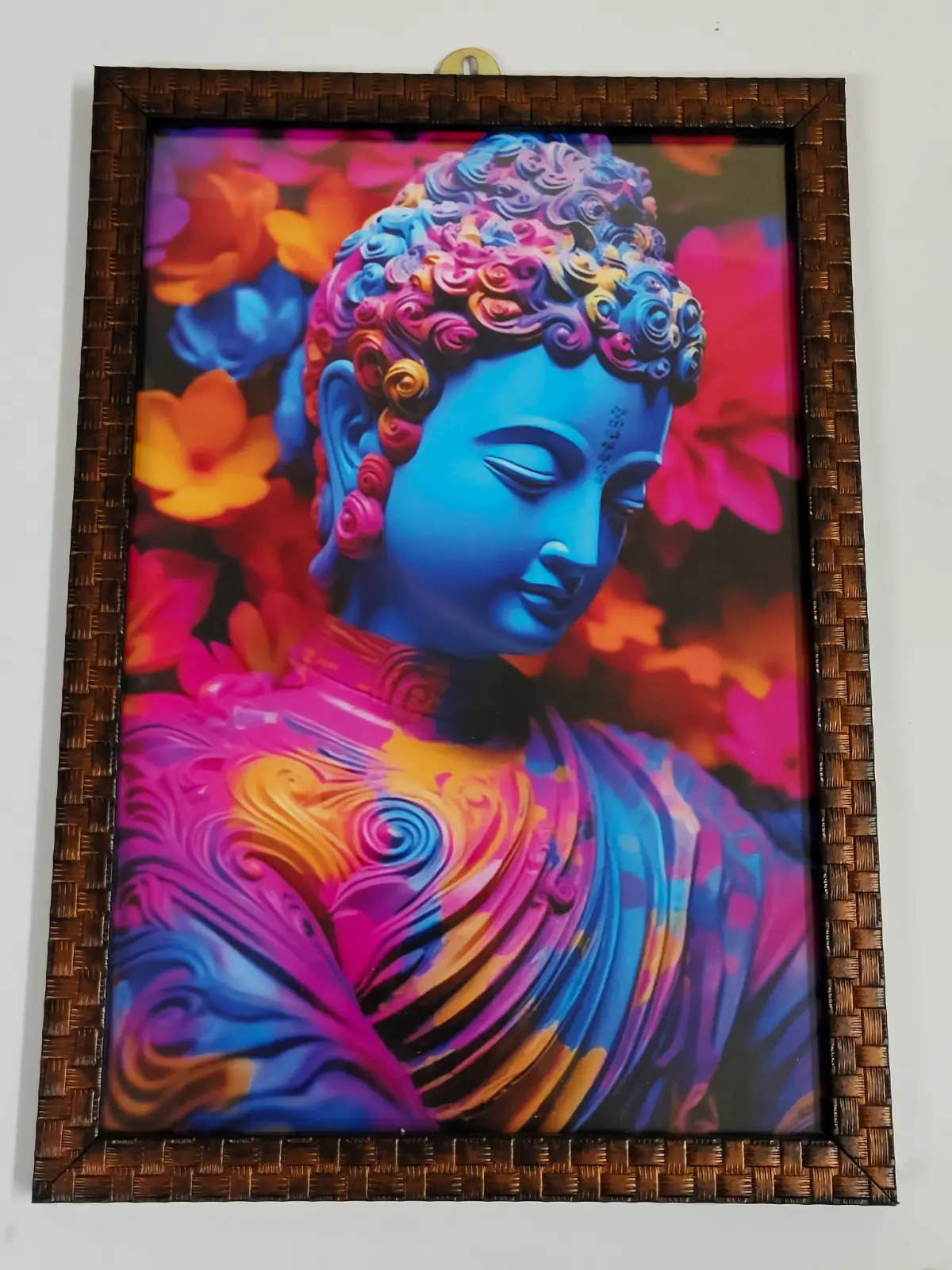 1000914334.webp Textured Woven Wall Frame – Vibrant Buddha with Floral Aura - Image 1