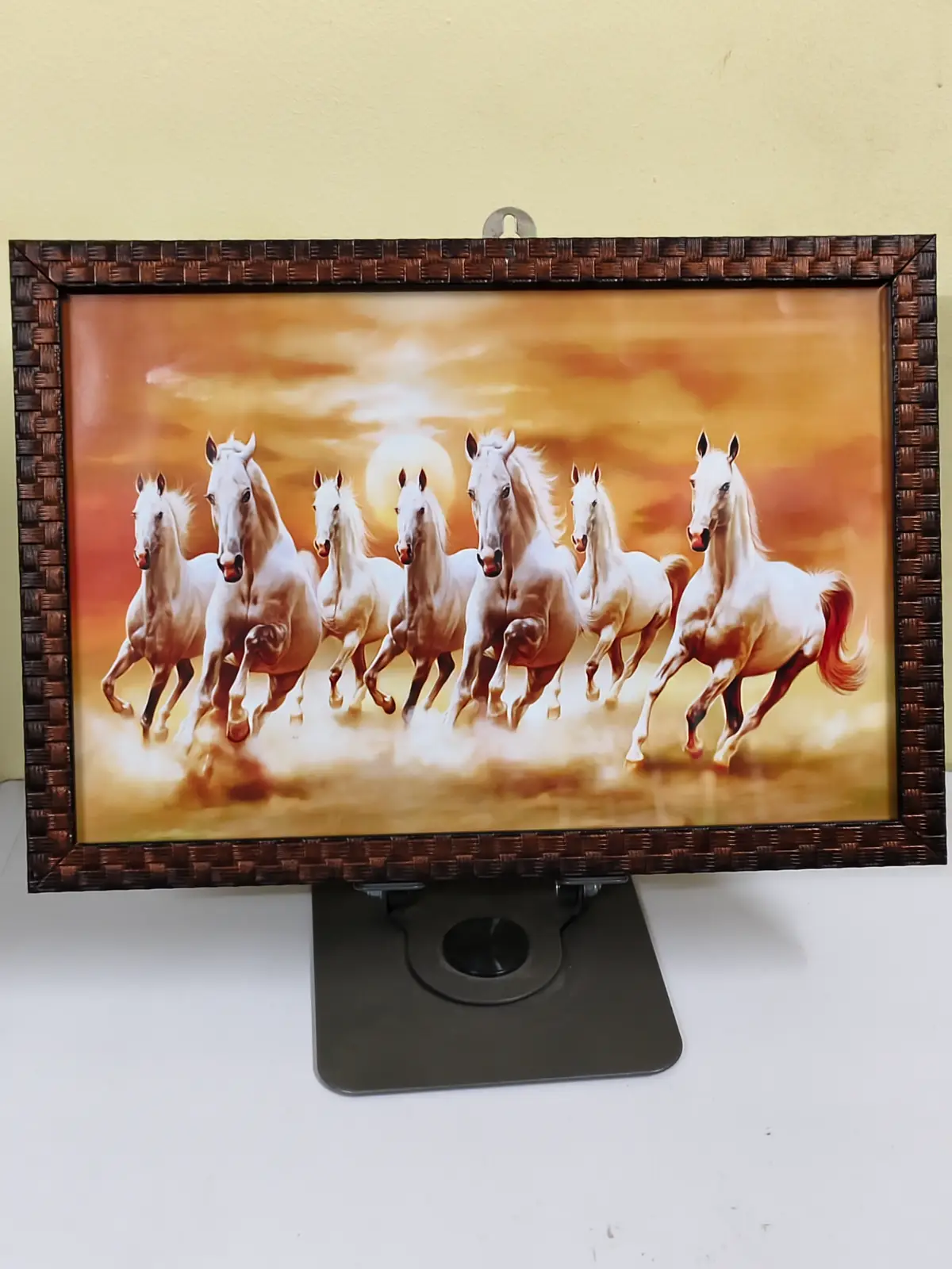 1000914367.webp Handmade wall frame – features a sunset scene with seven white horses. - Image 1