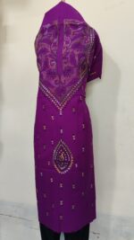 Pure Cotton Men's Kurta | With Kantha Stitchwork — Unstitched Fabric (Purple) - Image 3