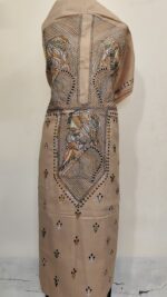 Pure Cotton Men's Kurta | Featuring Kantha Stitchwork — Unstitched Fabric, Embroidered with Rabindranath Motifs (Beige)