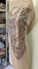 Pure Cotton Men's Kurta | With Kantha Stitchwork — Unstitched Fabric (Beige) - Image 4