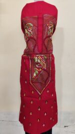 Pure Cotton Men's Kurta | Featuring Kantha Stitchwork — Unstitched Fabric with Rabindranath Motifs (Red)