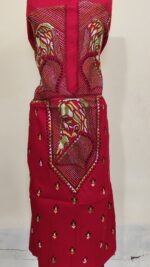 Pure Cotton Men's Kurta | Featuring Kantha Stitchwork — Unstitched Fabric with Rabindranath Motifs (Red) - Image 2