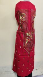 Pure Cotton Men's Kurta | Featuring Kantha Stitchwork — Unstitched Fabric with Rabindranath Motifs (Red) - Image 4