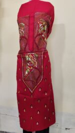 Pure Cotton Men's Kurta | Featuring Kantha Stitchwork — Unstitched Fabric with Rabindranath Motifs (Red) - Image 3