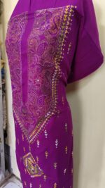 Pure Cotton Men's Kurta | With Kantha Stitchwork — Unstitched Fabric (Magenta) - Image 4