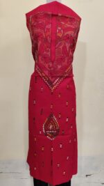 Red Pure Cotton Men’s Kurta | Featuring Kantha Stitching and Embroidery — Unstitched Fabric - Image 4