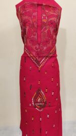 Red Pure Cotton Men’s Kurta | Featuring Kantha Stitching and Embroidery — Unstitched Fabric