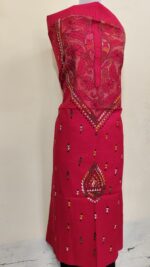Red Pure Cotton Men’s Kurta | Featuring Kantha Stitching and Embroidery — Unstitched Fabric - Image 2