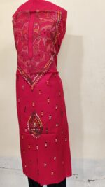 Red Pure Cotton Men’s Kurta | Featuring Kantha Stitching and Embroidery — Unstitched Fabric - Image 3