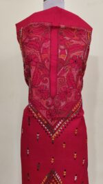 Red Pure Cotton Men’s Kurta | Featuring Kantha Stitching and Embroidery — Unstitched Fabric - Image 5