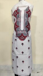 Pure Cotton Men’s Kurta | With Kantha Stitchwork — Unstitched Fabric (White Base)