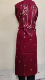 Pure Cotton Men's Kurta | Featuring Kantha Stitching and Embroidery — Unstitched Fabric (Maroon) - Image 3
