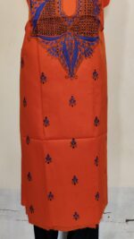 Pure Cotton Men's Kurta | With Kantha Stitchwork — Unstitched Fabric (Orange ) - Image 5