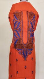 Pure Cotton Men's Kurta | With Kantha Stitchwork — Unstitched Fabric (Orange ) - Image 4