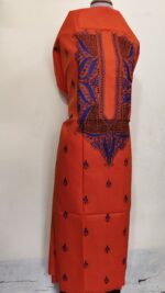 Pure Cotton Men's Kurta | With Kantha Stitchwork — Unstitched Fabric (Orange ) - Image 3
