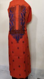 Pure Cotton Men's Kurta | With Kantha Stitchwork — Unstitched Fabric (Orange ) - Image 2