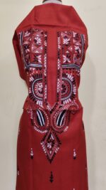 Pure Cotton Men’s Kurta – Unstitched Fabric with Kantha Stitch & Embroidery (Red) - Image 3